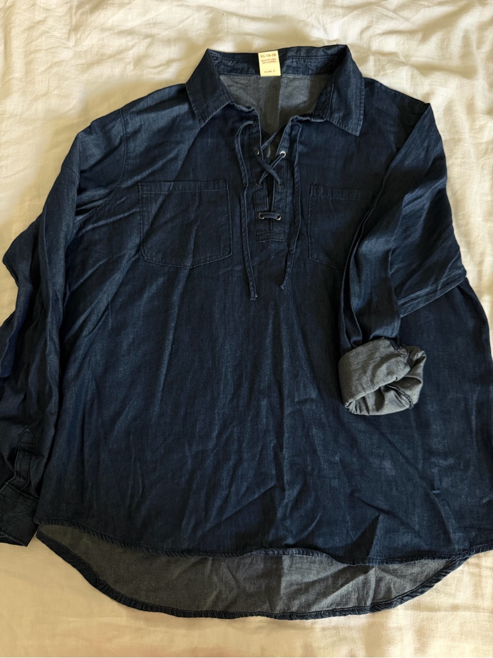 Faded Glory Dark Denim Chambray Lace-Up Pullover Shirt